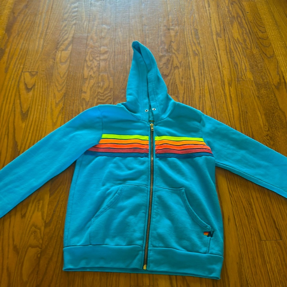A zip up hoodie with turquoise and 5 different colored stripes